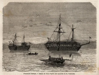 Penitencieiros flutuantes da Guiana Francesa, uma colónia devolvida ao cativeiro dos que tomaram conta das cortes e dos homens que tiveram de ficar. Gravura para ilustrar a viagem na Guiana Francesa em 1862-1863, de Frederic Bouyer, capitão de fregate, em 