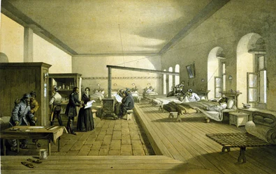 Florence Nightingale (1820 - 1910) em um hospital em Scutari, na Turquia, por volta de 1855