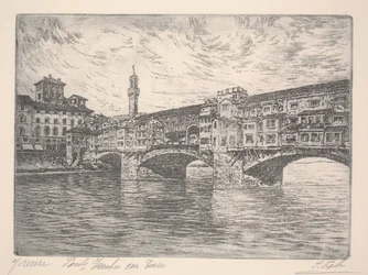 Florença, Ponte Vecchio com Torre, provavelmente final do século 19 (gravura)