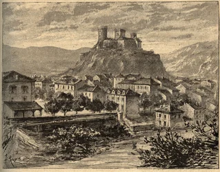 Foix - Ariege - Occitanie - gravura em "PATRIE" - DESCRIÇÃO PECTUREQUIREQUE DE LA FRANCE EN 6 VOLUES BY LUCIEN HUARD - final do século XIX