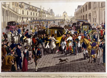 Fontainebleau. A partida de Napoleão Bonaparte para a ilha de Elba. 20/04/1814. A gravura do século XIX.