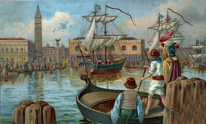 Antigos centros comerciais: regresso de uma frota veneziana a Veneza, no século XIX. Cromolitografia do final do século XIX
