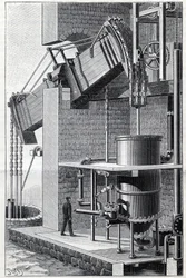 Antiga máquina a vapor de Thomas Newcomen, actualmente em funcionamento perto de Bristol, em Inglaterra. Gravura em «La Nature»