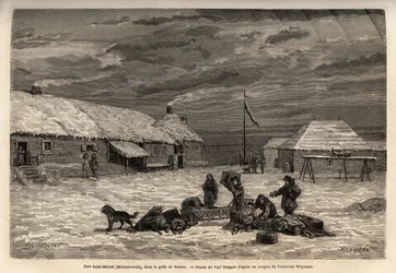 Forte Saint-Michel (Saint Michel), posse inglesa na época, no Golfo de Norton. Gravura para ilustrar a viagem e as aventuras na Colômbia inglesa, Ilha de Vancouver e Alasca, de Frederick Whymper