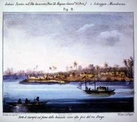 Fortaleza de Gurupà no rio Amazonas, perto da foz do Rio Xingu, no Equador. Gravura de 1846 - 1848.
