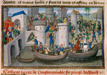 Quarta Cruzada: Vista da tomada de Constantinopla pelos cruzados em 1203-1204. Miniatura da «Chronique abrégée» de David Aubert