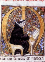 Fra Pietro di Pavia (Frere Pierre de Pavia), copyist at work ("M"). Manuscrito do século XIV.