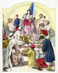 A França, sob os traços de Marianne, rodeada pelas suas colónias personificadas - em "Histoire de France", de E. Grobet, c. 1915