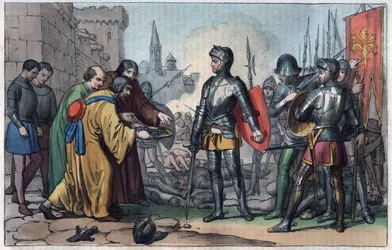 Francesco Ferrucci (1489-1530) recebe as chaves da cidade de Volterra - gravura de «Usi e Costumi di Tutti i Popoli dell