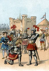 Francisco I da França pede para ser cavaleiro do Cavaleiro Bayard após vitória na Batalha de Marignano, Itália