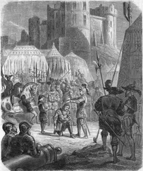 Francisco I da França pede para ser cavaleiro do Cavaleiro Bayard após vitória na Batalha de Marignano, Itália