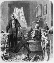 Guerra Franco-Prussiana (1870-1871) entrevista entre o Conde Bismarck e M. Jules Favre, Setembro de 1870 - entrevista política entre o Chanceler Bismarck (1815-1898), Jules Favre (1809-1880) em Versalhes, na casa da Madame Jesse - gravura do século XIX