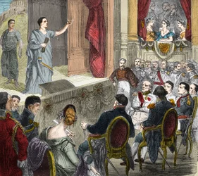 François-Joseph (François Joseph) Talma (1763 - 1826), comediante francês, interpretando "A Morte de César", tragédia em três atos de Voltaire a Erfurt (erfurth) diante de um parterre de reis que compreende Napoleão I e Alexandre I, czar da Rússia (1777-18