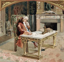 Francois-Marie (François Marie) Arouet de Voltaire dit Voltaire (1694-1778), 23 anos no castelo de Sully-sur-Loire (Sully sur Loire). Cromolitografia do final do século XIX