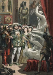 François I (1494-1547), Rei da França, no escultor italiano Benvenuto Cellini (1500-1571) gravura de 1881 em "El Culto de la Hermosura" de Juan Justo Huguet, Molinas Hermanos editores