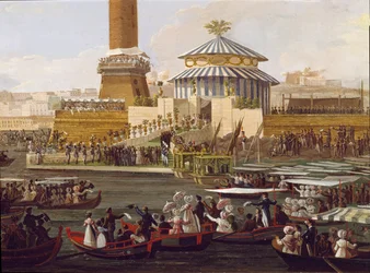 Francisco I das Duas Sicílias (1777-1830) e a sua esposa Maria Isabel de Espanha (1789-1848) numa cerimónia no arsenal de Nápoles. Pintura anónima do século XIX - Nápoles, Museo Nazionale di San Martino