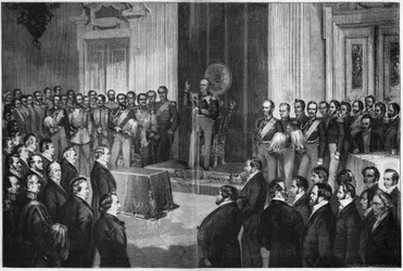 Frederick William IV (1795-1861), Rei da Prússia, juramento sobre a constituição, 6 de Fevereiro de 1850, gravura em madeira depois de Paul Buerde