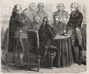 Revolução Francesa: Conde Louis Marie de Narbonne-Lara (Narbonne Lara) (1755-1813) mostrando seus planos nos comitês da assembléia - Gravando no "Mundo Ilustrado".