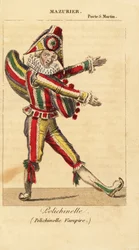 Dançarino e mímico francês Charles-Francois Mazurier como Polichinello em Polichinelle Vampire por Theodore de Banville no Theatre de la Porte Saint-Martin
