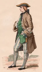 Cavalheiro francês em traje de caça, vestindo casaco, colete e chapéu tricorn com um punhal no seu lado durante o século XVIII (gravura a cores)