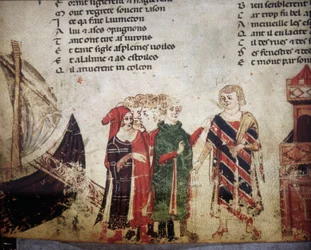 Mercador francês em Veneza. Miniatura do «Roman de Troie» de Benoît de Sainte-Maure. Século XIV, Biblioteca Marciana, Veneza