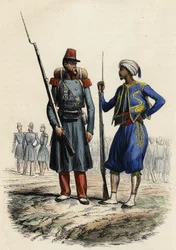 Uniforme militar francês: À esquerda, uma legião estrangeira formada e enviada para a Argélia em 1831. À direita, cavaleiros indígenas, treinados e enviados para a Argélia em 1841. Em L