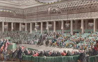 Revolução Francesa - A Assembleia Nacional renuncia a todos os privilégios, 4 de agosto de 1789, gravado por Helman - em Versalhes, sessão da noite de 4 para 5 de agosto de 1789