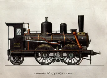 O comboio francês: Locomotiva Numero 154 de 1855. Gravura. Paris, Artes Decorativas