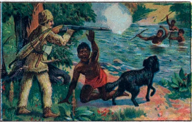 A delivrance de sexta-feira. Ilustração para o Livro de Daniel Defoe (De foe) "Robinson Crusoe". Cromolitografia do final do século XIX.