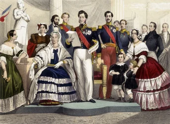 De 1830 a 1848. Princesa Marie, Marie Amélie, Louis Philippe 1, o Conde de Paris, o Duque de Chartres e a Princesa Hélène. Gravura do século XIX.