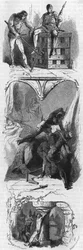 De cima para baixo: O Duque de Alencon encerra numa jaula de ferro (1481), o Conde de Armagnac a dar murros sob os olhos da sua mulher (1473) e o Duque de Nemours a torturar (1477). Gravura do século XIX.