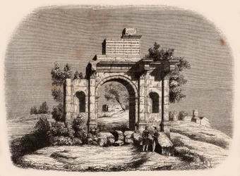 Vista frontal do arco romano de Djemilah na Argélia: dois soldados franceses posando em frente as ruínas