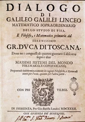 Frontispício do "Diálogo sobre os Dois Grandes Sistemas do Mundo" (dialogo sopra i due massimi sistemi del mondo) encomendado pelo Papa Urbano VIII ao astrônomo e físico Galileu Galilei dit Galilee (1564-1642) por volta de 1620 e publicado em 1632. É