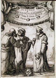 Frontispício do "Diálogo sobre os Dois Grandes Sistemas do Mundo" (dialogo sopra i due massimi sistemi del mondo) encomendado pelo Papa Urbano VIII ao astrônomo e físico Galileu Galilei dit Galilee (1564-1642) por volta de 1620 e publicado em 1632. É