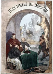 Frontispício da História Geral da Inquisição de Pietro Tamburini com uma ilustração que retrata cenas de inquisição simbólica. Milão 1850.