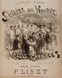 Frontispice da partitura Soirees de Vienne, Caprices Walses para piano de Liszt (século XIX)