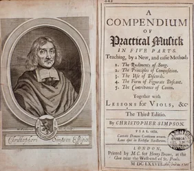 Frontispício do Compêndio de música prática em cinco partes com aulas de viola da gamba de Cristopher Simpson