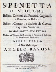 Frontispício da partitura musical do Balletti, correnti alla francese opus 3 de Giovanni Battista Vitali (litho)