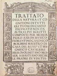 Frontispício ou página de rosto do Trattato della natura e Cognizione di tutti gli duoni di canto figurato de Pietro Aron
