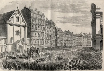 Funeral do Imperador Maximiliano I do México (1832-1867): chegada do cortejo fúnebre em frente à Igreja dos Capuchinhos de Viena. Gravura em "L