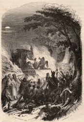 Funeral de um chefe Germain em Antiquite: o seu corpo é queimado com as suas armas e o seu cavalo. Gravura de 1868 em "Histoire de Belgique desde os tempos primitivos até o fim do regimento de Leopoldo I" de Theodore Juste (1818-1888). Coleção privada.