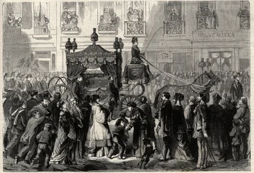 Cortege funerário durante os obseques de Gioacchino (Gioachino) Rossini (1799-1868) em Paris. Gravura em "The Universe illustrious" (O Universo ilustre)