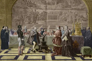 Galileia (Galileu Galilei) antes da Inquisição do Santo Ofício (Santo Ofício) no Vaticano (1632). Gravura depois da pintura de Robert-Fleury Joseph Nicolas (1797-1890).