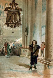 Galileo Galilei dit Galileo (1564 - 1642).observando a oscilação da lâmpada da Catedral de Pisa. de" La Ciencia y sus Hombres por Louis Figuier" Barcelona 1881
