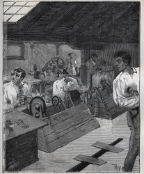 Douradura galvânica: raspador-boessage de jóias de ouro com raspador-boessage. Gravura de 1885 em "Les arts et metiers illustres" de Adolphe BITARD.