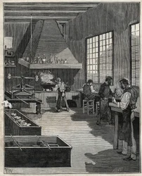 Ourivesaria galvânica: preparação de moldes. Gravura de 1885 em "Les arts et metiers illustres" de Adolphe BITARD.