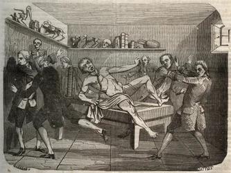 Galvanização do cadáver de um carrasco com a pilha de Alessandro (Alexandre) Volta: sob a influência da eletricidade, o cadáver parece voltar à vida. Gravura de 1856 em "Le Musee Des Sciences".