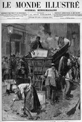 Caixa do lixo, o novo camião rue du Cherche Midi (Cherche-Midi) em Paris. Homens e mulheres apanham o lixo numa rua de Paris para o colocarem num carrinho, limpando assim a vida. Gravura no "Le Monde Illustré".