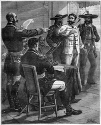 Gaston de Raousset-Boulbon (Raousset Boulbon) (Gaston Raoulx Boulbon) 1817-1854 traduzido perante um conselho de guerra, em 1854 no México - gravura de 1888