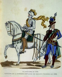 Gendarme em 1593 e capitão da 1ª companhia dos filhos de honra em 1596 - em "La France et les francais" de Challamel